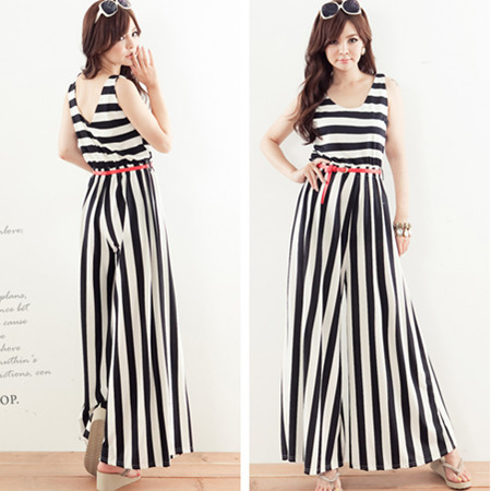 Free shipping Sleeveless Black white Stripes Pattern scoop neck Jumpsuit w Waistband for Ladies XS
