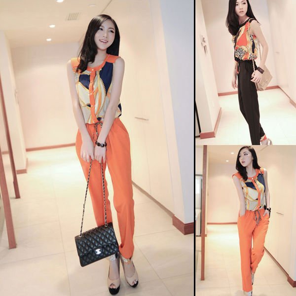 Free Shipping Sleeveless Color Block Printed Jumpsuit