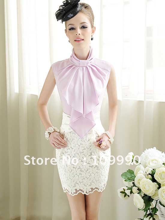 Free shipping sleeveless tight-fitting big bow charming sexy cool elegant  blouses women shirt office lady OL size S/M/L