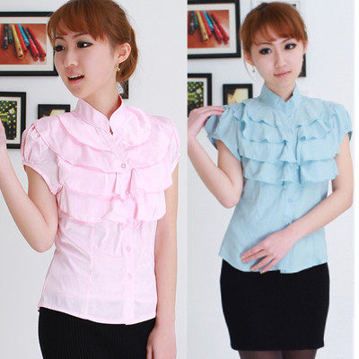 Free Shipping,Slim Body,Faux silk women's short-sleeve stand collar shirt puff sleeve ruffle shirt ,Women's garments