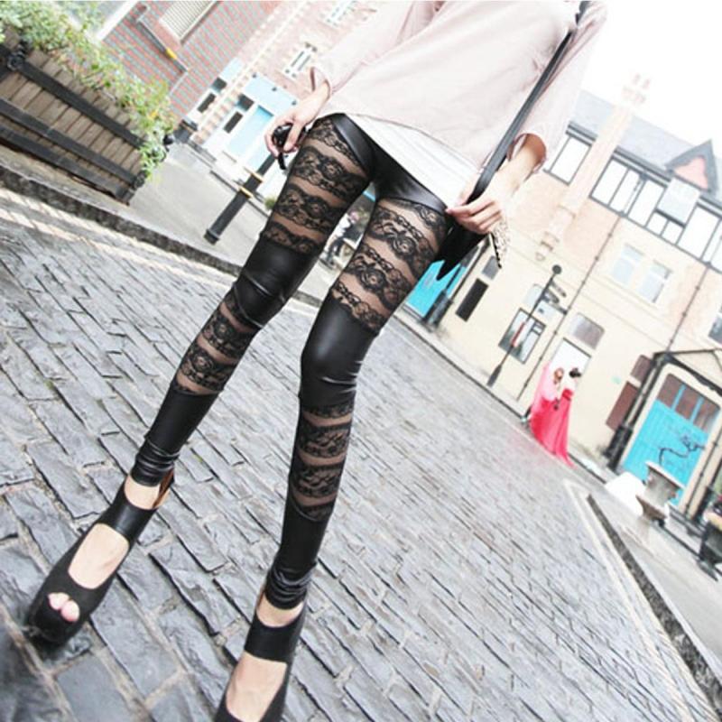 Free Shipping Slim elastic lace gauze patchwork faux leather legging personality sexy fashion black autumn