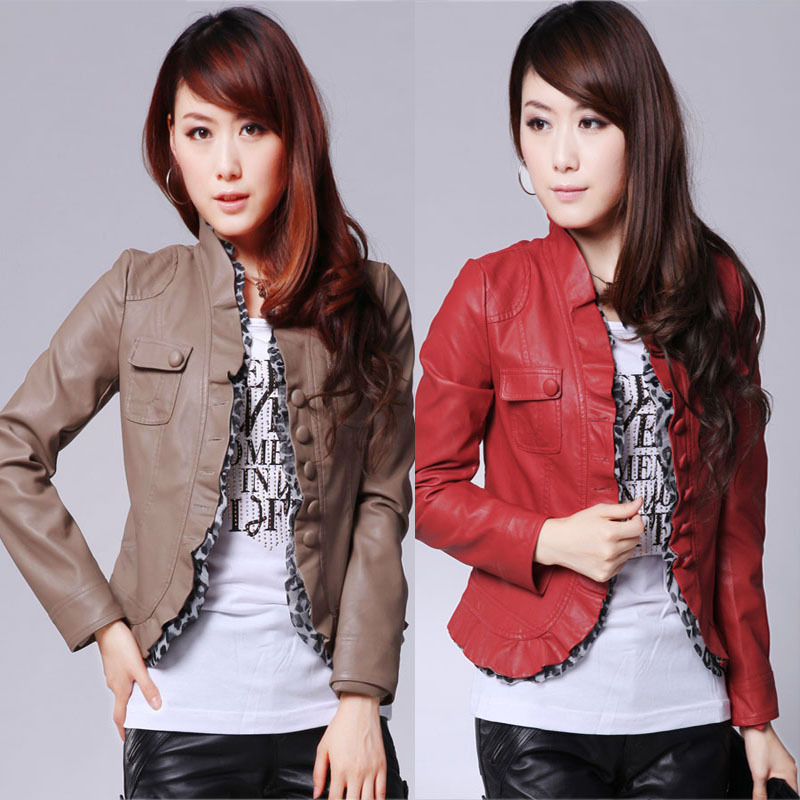 free shipping Slim fashion leather clothing chiffon patchwork ruffle hem bestbao female 8807