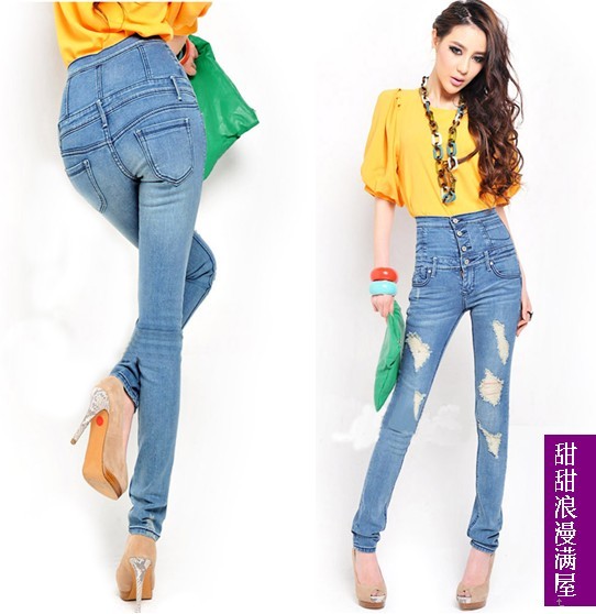 Free Shipping Slim legs 2013 butt-lifting high waist hole pencil pants jeans trousers 43945 wholesale