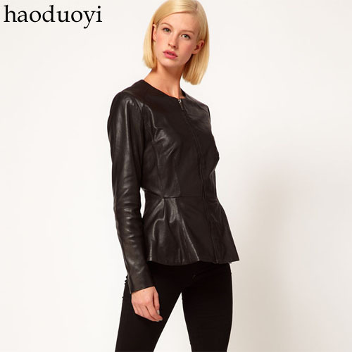 Free Shipping Slim pencil zipper style leather clothing pleated sweep victoria leather clothing    HDY