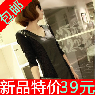 Free shipping Slim sexy slim hip leather skirt lace basic skirt long-sleeve dress 2012 autumn