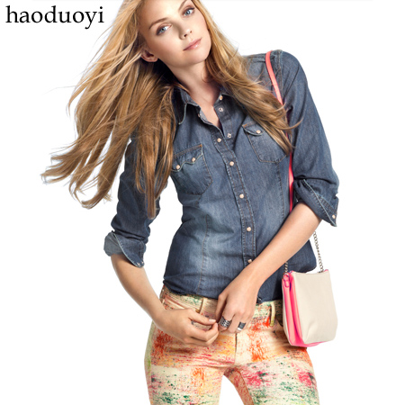 Free Shipping Slim soft slim water washed denim shirt snapless fronts water wash blue hm6 full