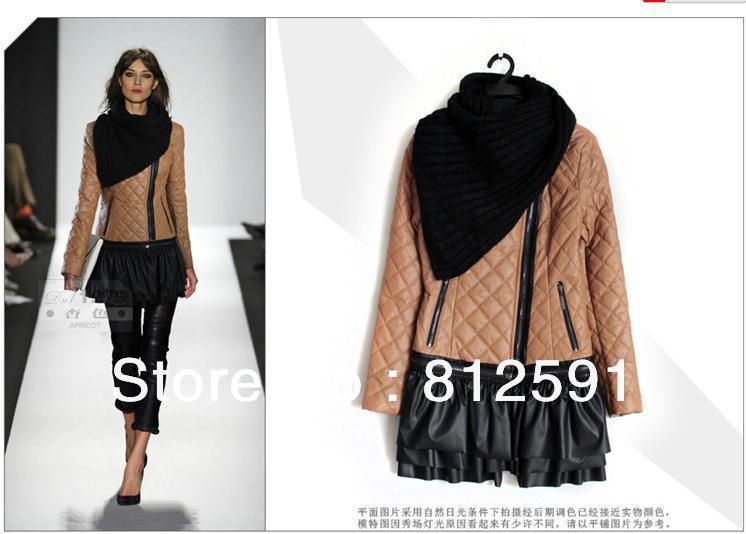 Free Shipping Slim Women PU Leather Cotton Coat Lady Coat+Dress+Scarf Pink Black Beige S M L XL