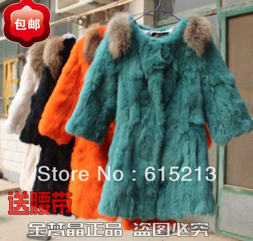 Free shipping slim women's winter guarantee 100%genuine rabbit fur mink fur  outerweafur long jacket rabbitr send belt as a gift