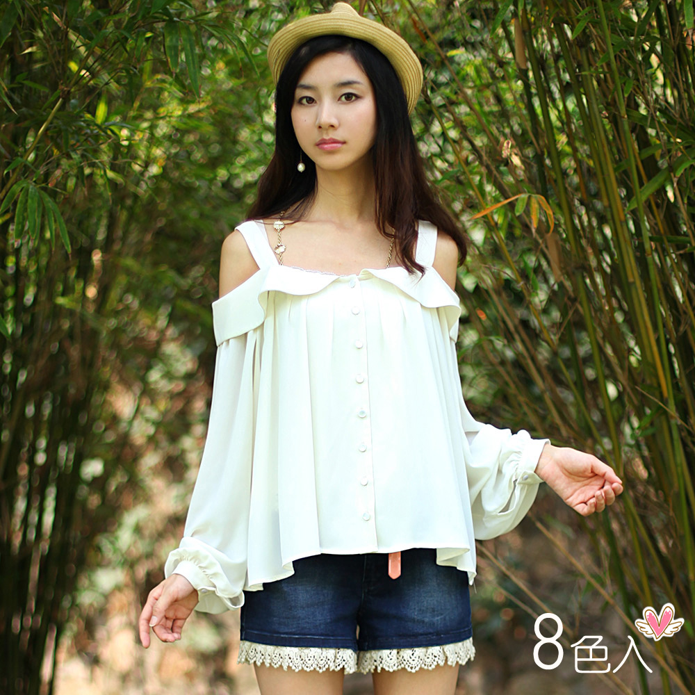 free shipping Slit neckline strapless t-shirt loose turn-down collar chiffon shirt long-sleeve shirt female long-sleeve chiffon