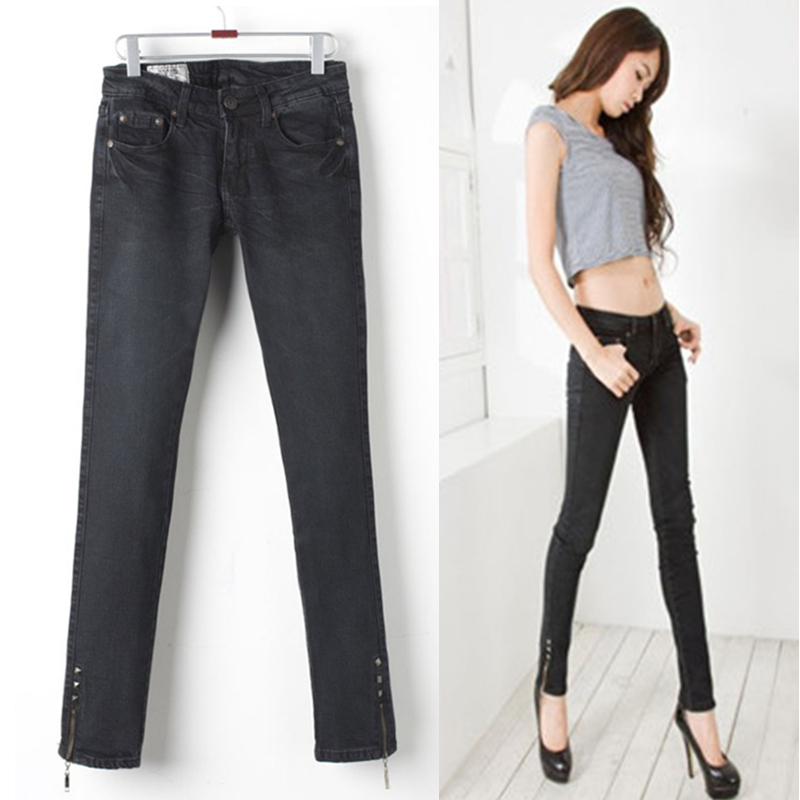 Free shipping, Sly jeans female skinny pants female black personality zipper rivet trousers jeans female