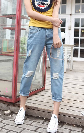 Free Shipping Small 2013 fashion loose plus size casual hole denim harem pants ankle length trousers female beggar pants