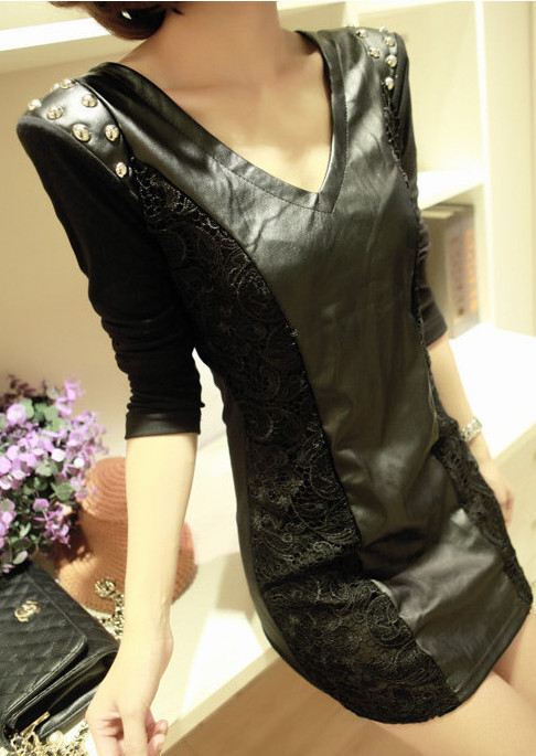 Free Shipping Small autumn slim sexy slim hip leather skirt basic skirt lace long-sleeve dress d15