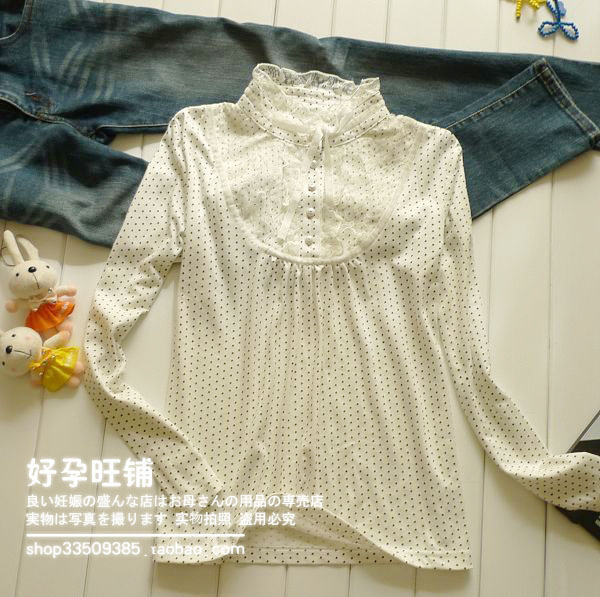 Free Shipping Small dot stand collar laciness maternity basic shirt three-color