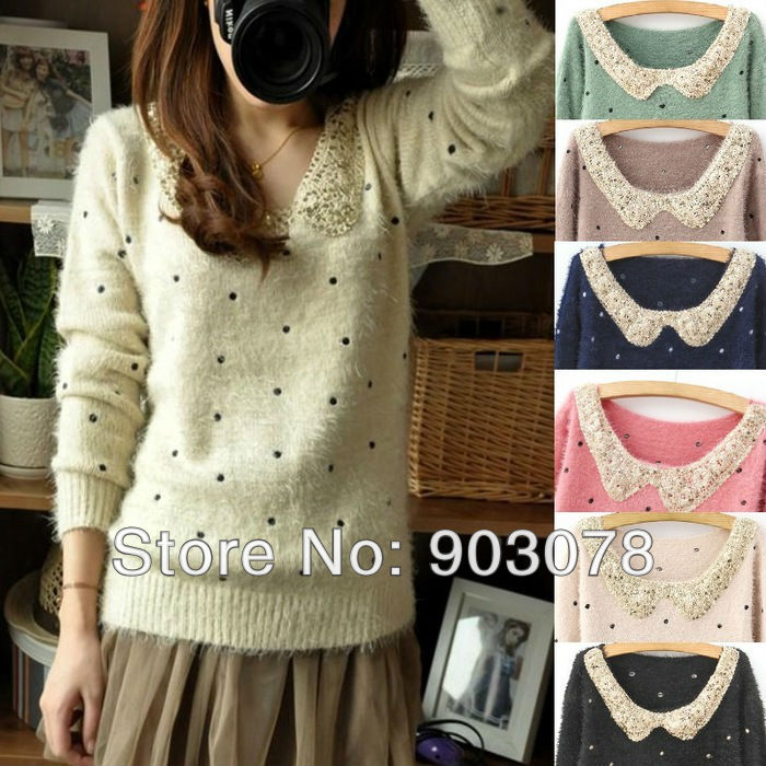 Free shipping Small fresh bling paillette collar mohair polka dot pattern Full-sleeve sweater collar women