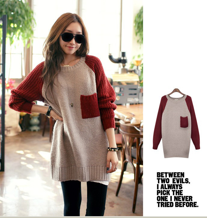 Free Shipping  small fresh preppy style apricot red color block decoration monologue all-match casual sweater 2151 MY
