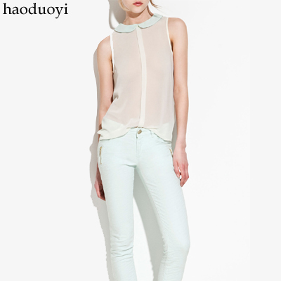 Free Shipping, small lapel peter pan collar sleeveless perspectivity chiffon shirt behind the button chest pleated