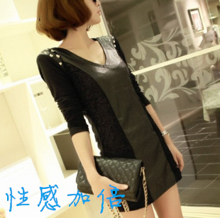 free shipping Small sexy slim hip leather skirt basic skirt long-sleeve dress