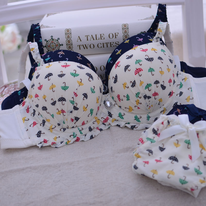 free shipping Small umbrella pattern 100% cotton comfortable underwear set 3 2 breasted bra set