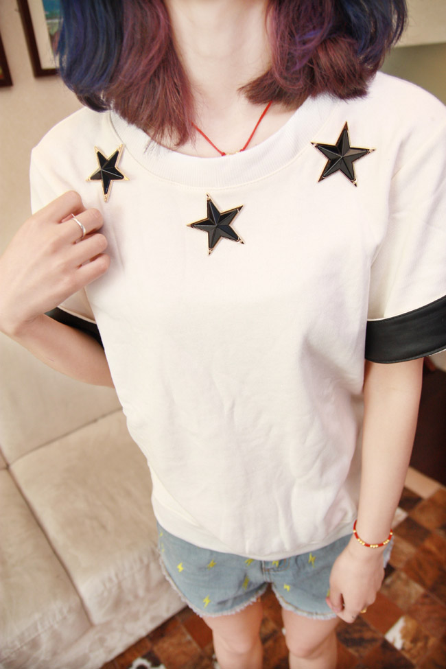 Free shipping Small y spring and summer five-pointed star decoration collar cuff leather roll up hem female short-sleeve T-shirt