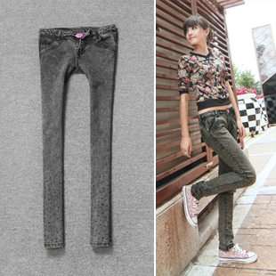 Free Shipping Smoky grey trousers diamond pants unique red lip pencil skinny  boots pants 2401 BR