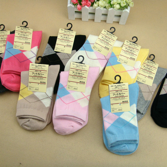 Free Shipping ! Socks muji high quality women's 100% cotton 100% cotton short socks plaid knee length casual socks