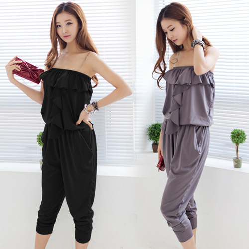 FREE SHIPPING SOLID COLOR FLOUNCE ELASTIC WAIST STRAPLESS JUMPSUIT 2COLOR SZIE S WF-0200