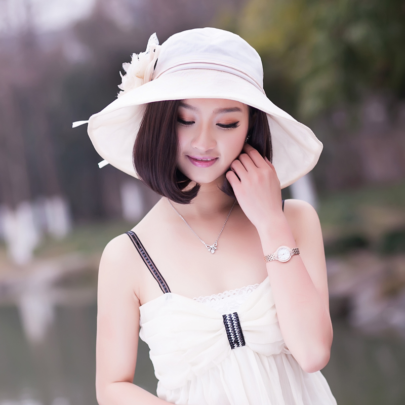 free shipping Solid color lace sunbonnet big flower sun hat summer women's large brim cap