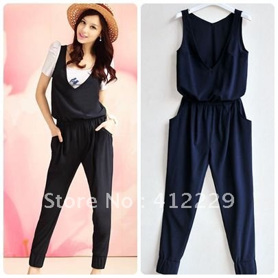 Free shipping solid v-neck strap pocket vest navy ladies loose casual Jumpsuits & Rompers 2012 new fashion