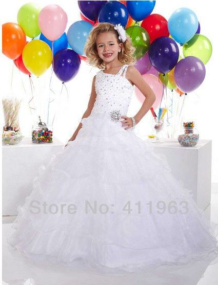 Free Shipping Spaghetti Straps Ball Gown White Organza Pageant Dresses For Little Girls With Ruffles Flower Girl Dresses