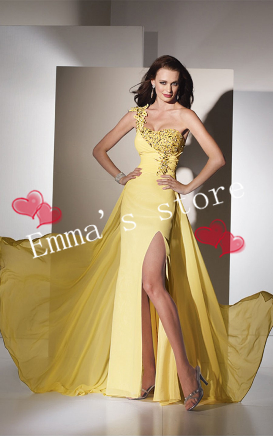 Free Shipping Sparkle Designer 2013 Hot Sale Cheap A-Line One-Shoulder Backless Beaded Chiffon Yellow Evening Party Prom dresses