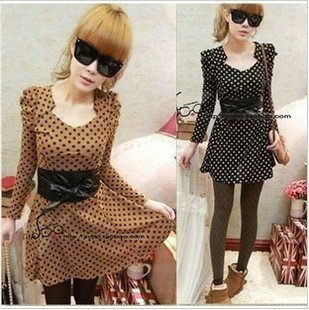 Free Shipping Special geometry polka dot bubble one-piece dress leather belt