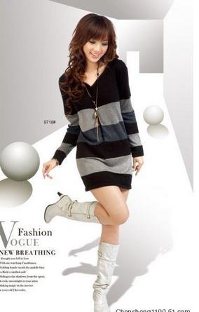 Free shipping special offer new autumn winter stripe mix color long sleeve sweater dresses for women clothing 2012 FS00008
