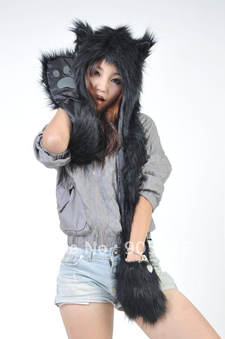 Free Shipping SPIRIT FLUFFY PLUSH ANIMAL HOOD HATS WITH LONG SCARF AND MITTENS