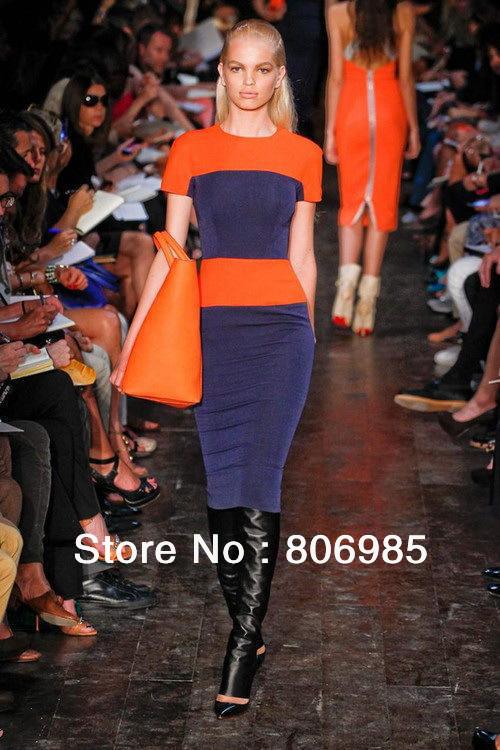 Free shipping Splicing European Style Back Zip Short-sleeved Stripe Pencil Dress