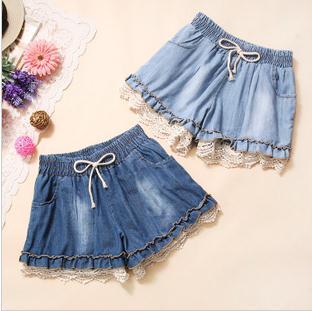 Free shipping Splicing hollow lace crochet drawstring denim shorts 2 color