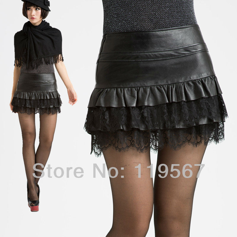 Free Shipping!  Spring 2013 New Arrival Women  Fashion Black Genuine Sheepskin Leather Mini Skirt  Sexy Lace Pleated