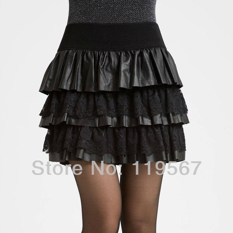 Free Shipping!  Spring 2013 New  Arrival Womens  Fashion Black  Leather Skirt With 100% Genuine Sheepskin Elastic Waist  Lace