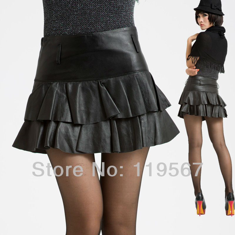Free Shipping!  Spring 2013 New  Women  Fashion Black Genuine Sheepskin Leather Mini Skirt  Sexy  Pleated