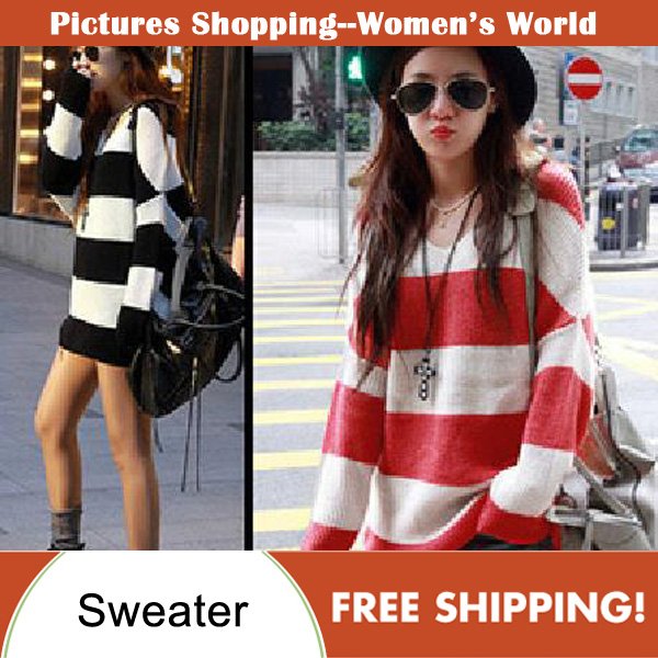Free shipping spring and autumn batwing sleeve loose V-neck wide stripe medium-long sweater