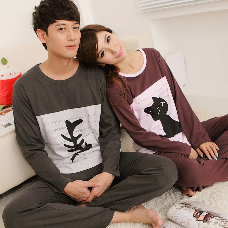 FREE SHIPPING Spring and autumn cat fish lovers sleepwear knitted cotton long-sleeve lounge cartoon sleep set