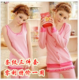 Free Shipping, Spring and autumn cute sleepwear female 100% cotton long-sleeve summer stripe piece set casual lounge set