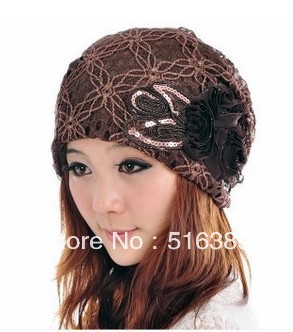 Free shipping Spring and autumn fashion Lady cap lace flower pile cap millinery toe women cap covering cap pocket turban hat
