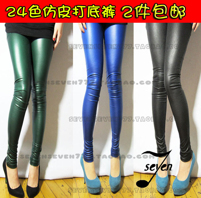 free shipping Spring and autumn glossy matte high waist faux leather legging tight elastic multicolour high waist pants legging