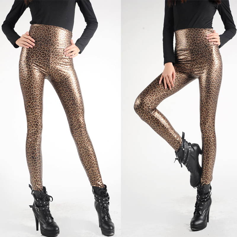 Free Shipping spring and autumn golden leopard printed high waist glossy High Elastic faux leather legging Tight pants121230#11