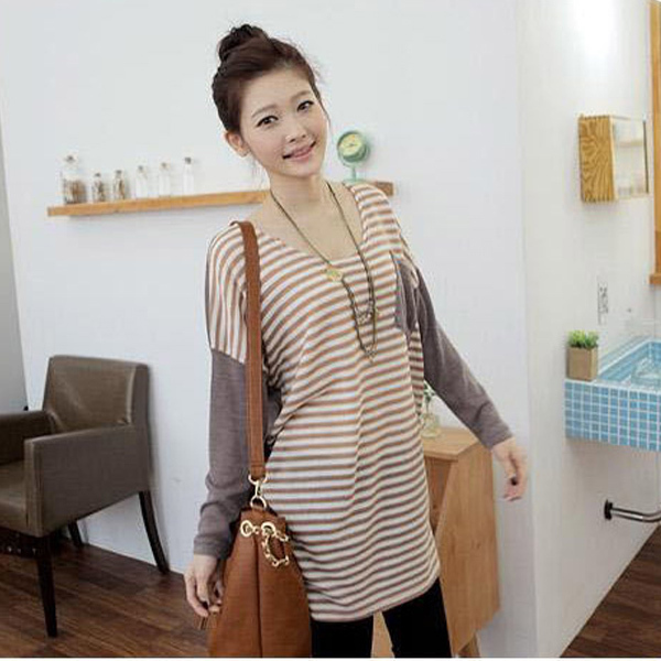 Free shipping Spring and autumn maternity clothing plus size maternity batwing sleeve t-shirt coffee stripe excellent fabric