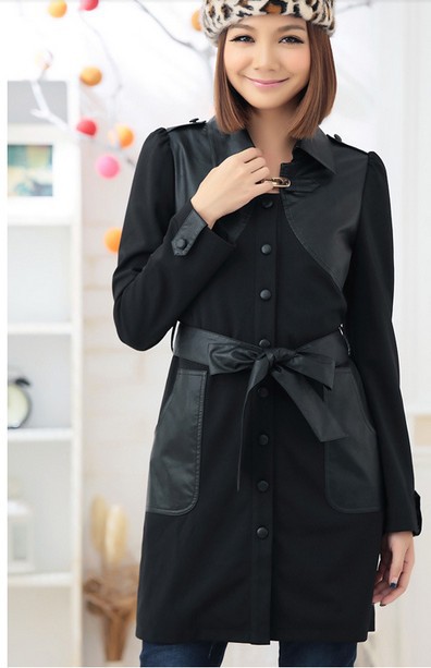 Free Shipping! Spring and Autumn new fashion stitching PU leather long-sleeved solid color Slim large size women's windbreaker