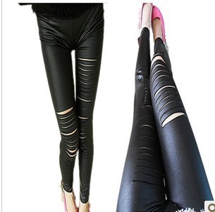 Free shipping spring and autumn personality slim matte faux leather irregular hole legging ankle length trousers