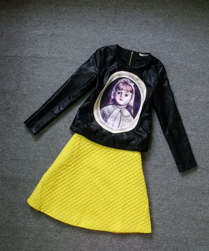 Free shipping Spring and Autumn PU Leather Block Padded Cotton Doll Printed Top +Skirt Suit,One piece Dress
