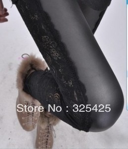 Free shipping spring and autumn women leggings sidepiece lace patchwork imitation leather punk style fashion pants