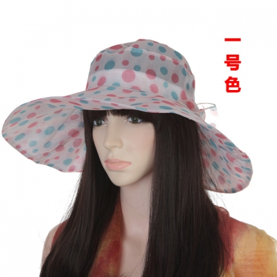 Free Shipping Spring and summer chiffon bow female anti-uv large sun-shading hat dot beach cap steel wire belt